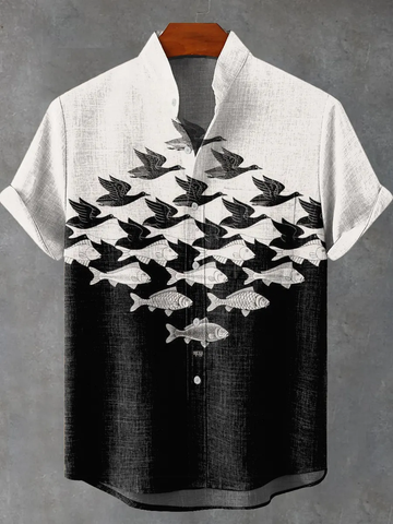 Flying Birds and Swimming Fish Decorative Pattern Casual 100% Cotton Shirt