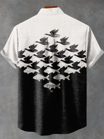 Flying Birds and Swimming Fish Decorative Pattern Casual 100% Cotton Shirt