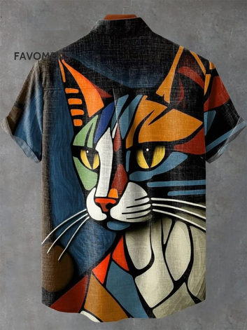 Abstract Art Cat Print Casual 100% Cotton Shirt