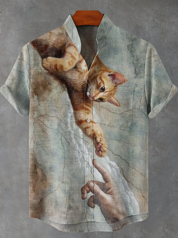 Retro Cat Funny Art Painting Print Casual 100% Cotton Shirt
