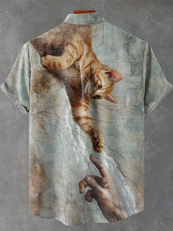 Retro Cat Funny Art Painting Print Casual 100% Cotton Shirt