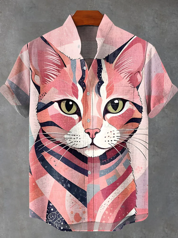 Pink Cat Vintage Print Casual 100% Cotton Shirt