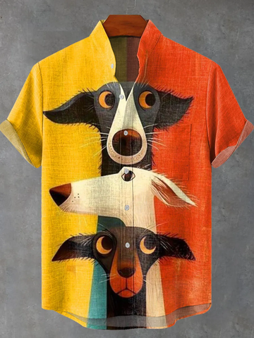 Colorful Patchwork Cute Animal Dachshund Dog Vintage Print Casual 100% Cotton Shirt