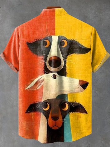 Colorful Patchwork Cute Animal Dachshund Dog Vintage Print Casual 100% Cotton Shirt