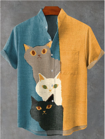 Three Cute Cats Vintage Print Casual 100% Cotton Shirt