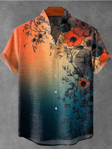 Retro Dawn Gradient Broken Flowers Art Print Casual 100% Cotton Shirt