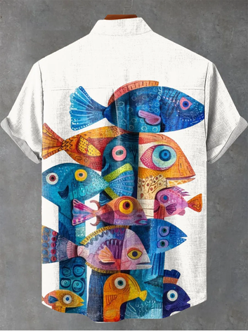 Colorful Abstract Fish Art Vintage Print Casual 100% Cotton Shirt