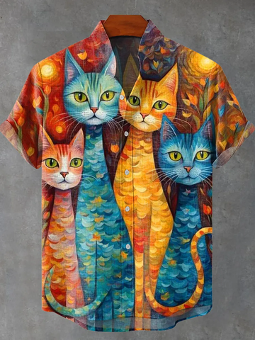 Vintage Multicolor Cat Art Print Casual 100% Cotton Shirt
