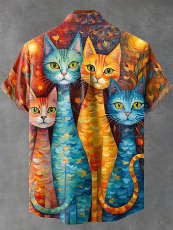 Vintage Multicolor Cat Art Print Casual 100% Cotton Shirt