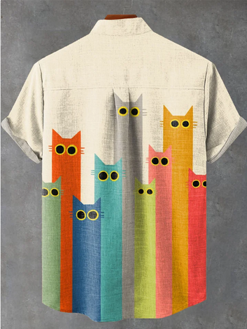 Cute Colorful Minimalistic Cat Art Vintage Print Casual 100% Cotton Shirt