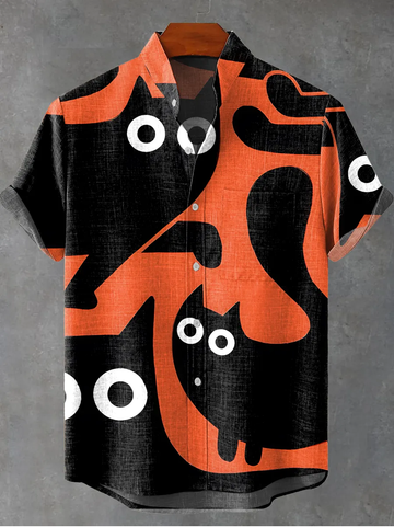 Cartoon black cat red Vintage Print Casual 100% Cotton Shirt