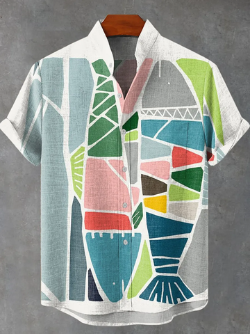 Splicing Abstract Fish Geometry Vintage Print Casual 100% Cotton Shirt