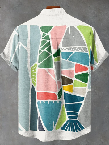 Splicing Abstract Fish Geometry Vintage Print Casual 100% Cotton Shirt