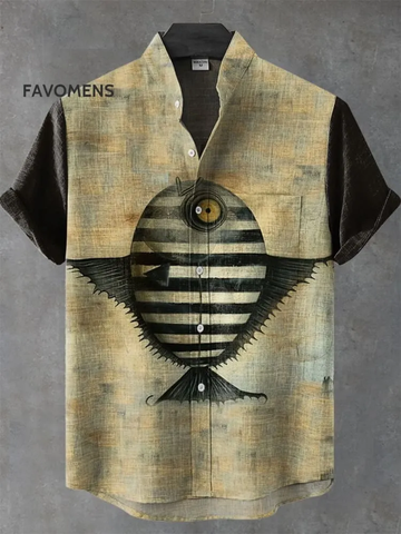Vintage Heavy Color Fish Pattern Art Print Casual 100% Cotton Shirt