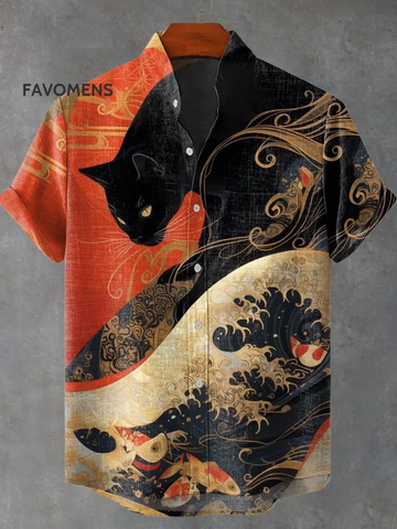 Japanese Ukiyo-e Waves Koi Black Cat Art Print Casual 100% Cotton Shirt