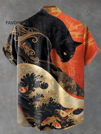 Japanese Ukiyo-e Waves Koi Black Cat Art Print Casual 100% Cotton Shirt