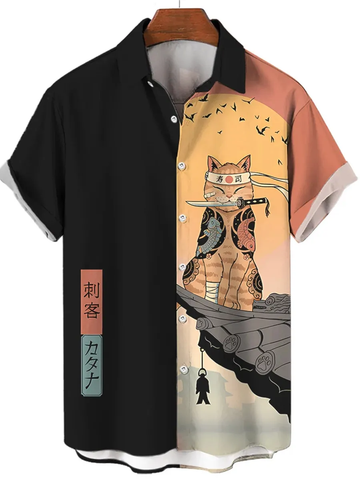 Retro Japanese Warrior Cats Traditional Art Print Casual Sweatshirt